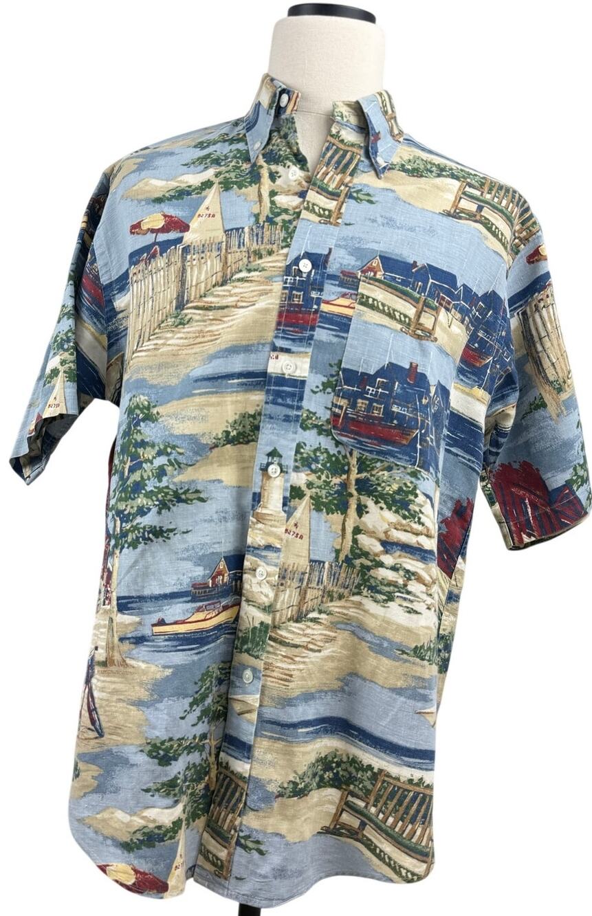 Vintage 90s Nautica Men's Coastal Print Linen Cotton Shirt Men's Medium